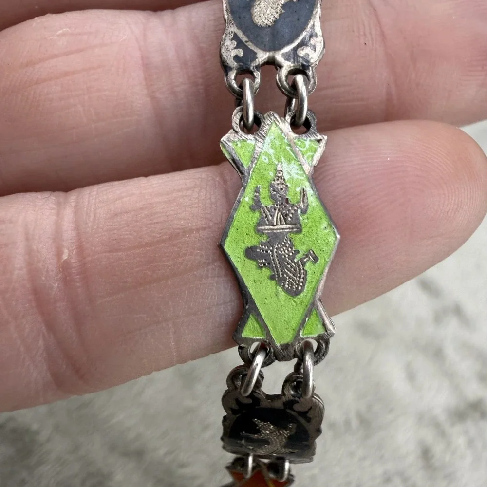 Vintage Siam Sterling Silver Bracelet Multicolor Enamel 6.5" - Picture 7 of 11